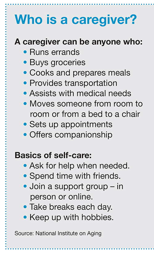 This is a chart defining who is a caregiver and how they can engage in self-care.