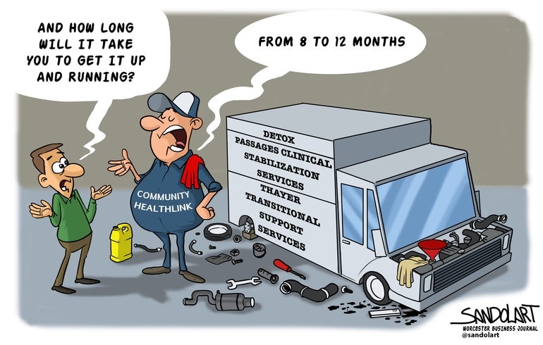 An editorial cartoon showing a truck, representing Community Healthlink's shuttered programs, has broken down.