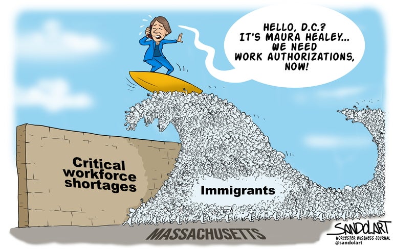 This cartoon shows Massachusetts Gov. Maura Healey riding a wave of migrants to help solve workforce shortages.