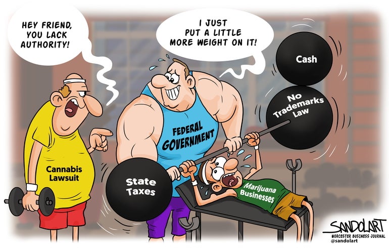 A cartoon set in an exercise room, with a man labeled as the government putting extra pressure on the buy lifting weights, representing cannabis businesses.