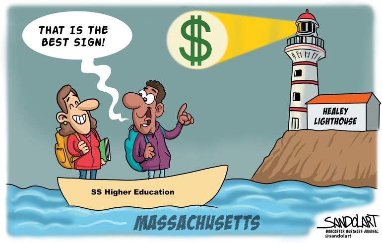 An editorial cartoon depicting a lighthouse with the name of Governor Maura Healey on it, showing a money symbol as its light beacon.