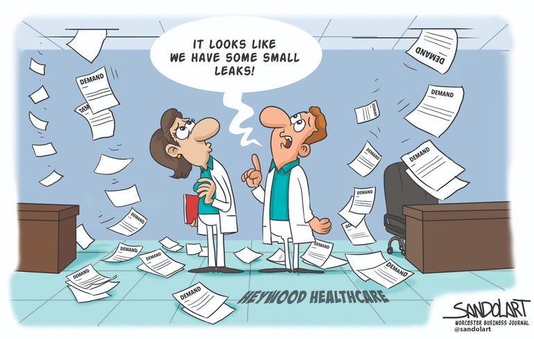A editorial cartoon where papers at Heywood Healthcare are falling from the ceiling.