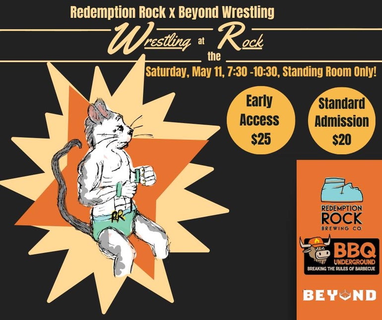 A poster for a wrestling event featuring a drawing of a cat dressed as a wrestler