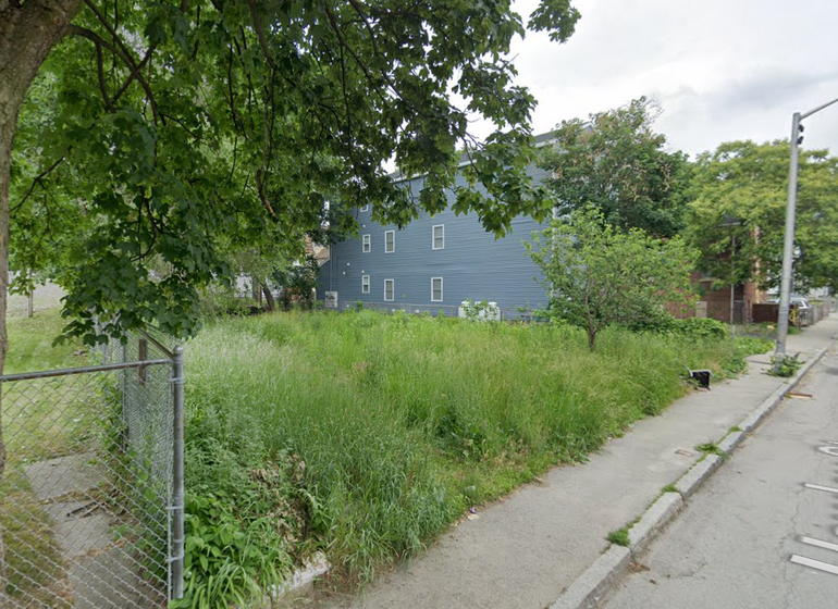 An overgrown empty lot in a residential neighborhood