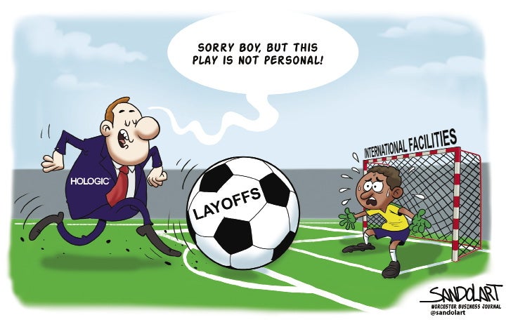 An editorial cartoon of a man in a suit kicking a soccer ball into a goals tended by international employees.