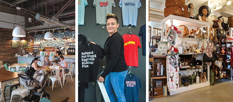 A collage of three photos, one showing the interior of a brewery, one showing a person standing on a ladder with a t-shirt in their hand, and one of shelves full of various items