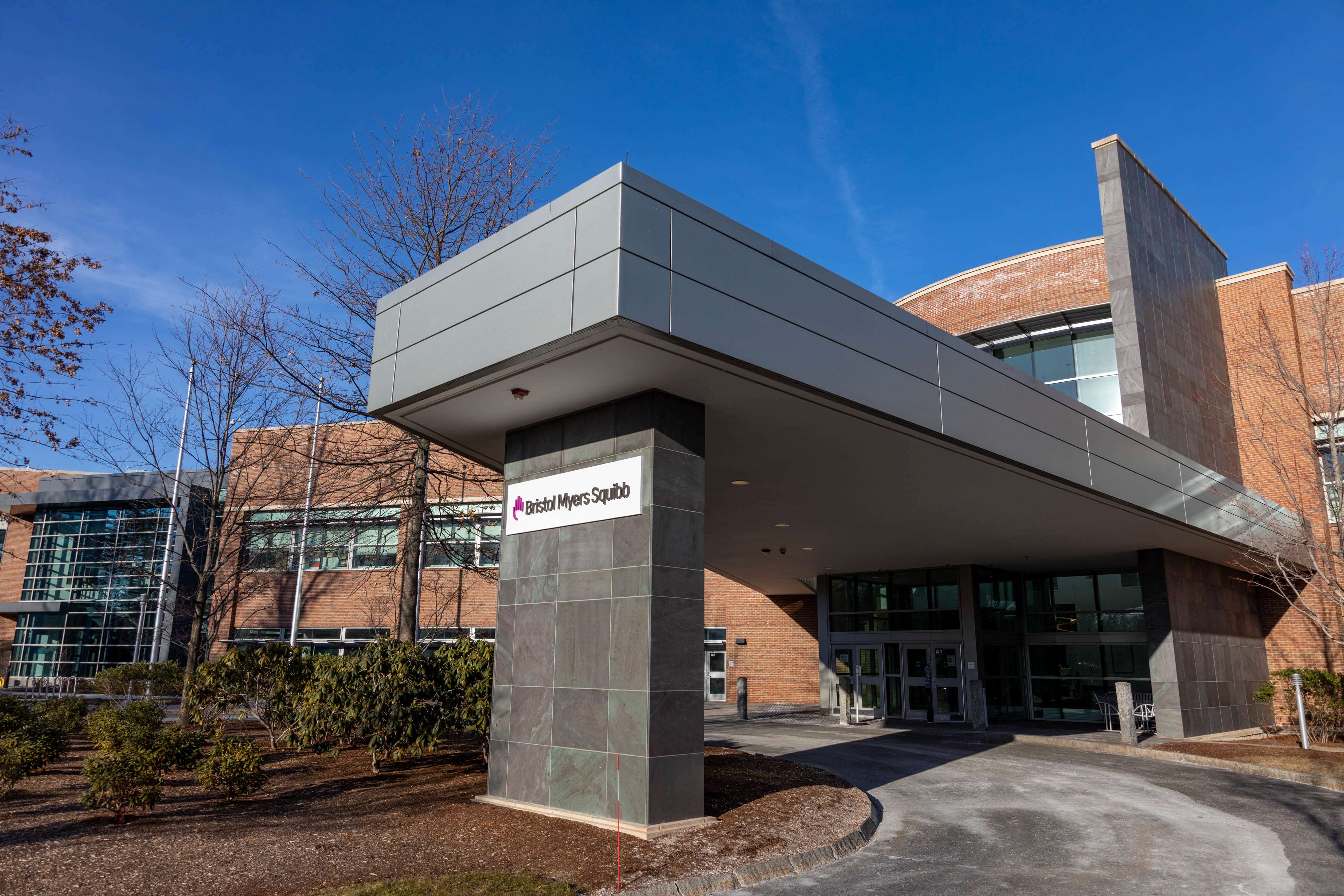 The entrance of a large office building