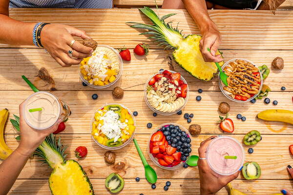 A table of various fruit-based food items.