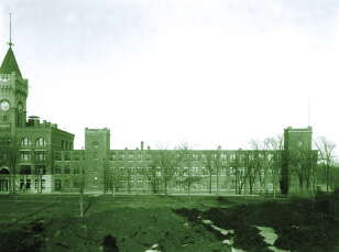 A green filtered photo of a brick building with trees without leaves planted in front