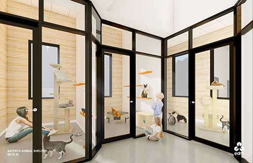 A rendering of a cat shelter with glass doors