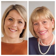 Pictures of two women side by side. The woman on the left has shoulder length blonde hair and is wearing an orange blouse and the woman on the right has chin length blonde hair and bangs and is wearing pearl earrings, necklace, and a dark blue top