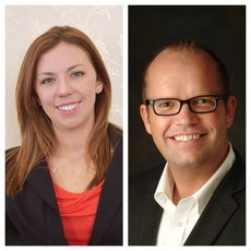 Pictures of a woman and a man side by side. The woman on the left has long red hair, a black s unit jacket, and a red blouse while the man on the right wears black glasses, a black suit jacket, and a white button down