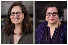 A collage of two photos of women side-by-side. The woman on the left has medium-length dark brown hair, black glasses, a brown suit jacket and light floral-patterned top. The woman on the right has short dark brown hair, black glasses, a purple cardigan, purple blouse, and long beaded necklace.