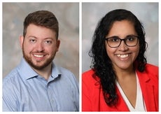 Side by side headshots. The photo of the man on the right has light brown hair and a beard and wears a light blue button down. The woman on the right has long, dark, curly hair and wears black glasses, a bright red blazer, and a white v-neck button down.