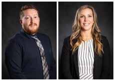 Side by side headshots. The man on the left has red hair and a beard and wears a dark blue button down and grey, black, and white striped tie while the woman on the right has long blonde hair and wears a black blazer and dark grey and white top.