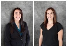 Side by side headshots of two women. The woman on the left has long dark brown hair and bangs and wears a black blazer and a v-neck blue top and the woman on the right has dark brown hair with blonde highlights in the front and wears a black shirt.