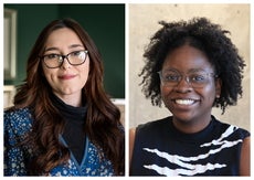 Headshots of women side-by-side. The woman on the left has long dark brown hair, wears black glasses, a black mock neck top with a blue and white floral blouse on top while the woman on the right has dark curly hair and wears gold-rimmed glasses and a black and white top.