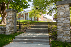 Two stone pillars sit on either side of a cement walkway through a grassy hill leading up to a brick building.