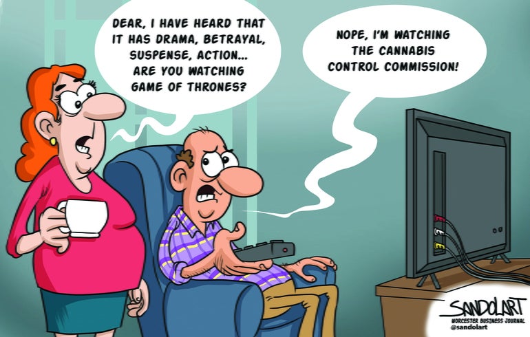 In an editorial cartoon, a man in a plaid shirt sits in a chair holding a remote pointed at a TV while a woman with red hair and a pink shirt stands to his side, holds a mug, speaking with him.