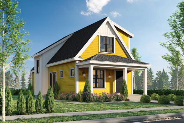 A rendering of a small yellow house
