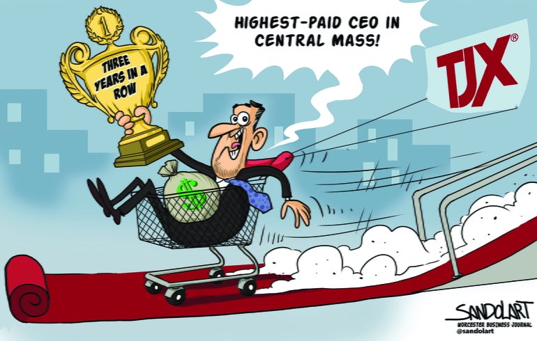 A cartoon of a man in a black suit sitting in a shopping cart rolling down an unfolding red carpet with a sack of money in his lap, holding up a golden trophy with "THREE YEARS IN A ROW" written on it and a thought bubble reading "HIGHEST-PAID CEO IN CENTRAL MASS!"