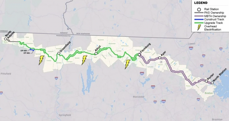 A map of northern Massachusetts with a proposed railway.