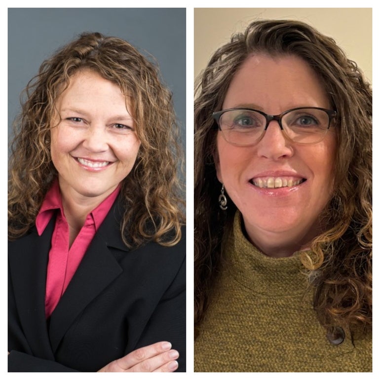 Headshots of two women side by side: the woman on the left has blonde curly hair, is wearing a black suit jacket and pink button down, the woman on the right has curly brown hair and is wearing glasses and a green mock neck sweater