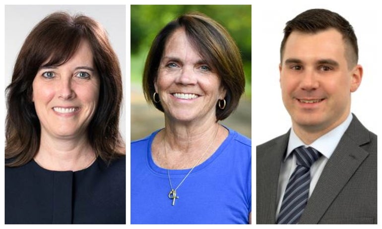 A collage of three individual headshots. The woman on the right has shoulder length brown hair and bangs and wears a dark blue top, the woman in the middle has child length brown hair, wears a light blue shirt and silver hoop earrings, and the man on the left has short brown hair and wears a grey suit, light blue button down, and a blue striped tie.