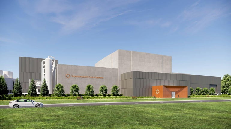 Rendering of a large grey industrial building