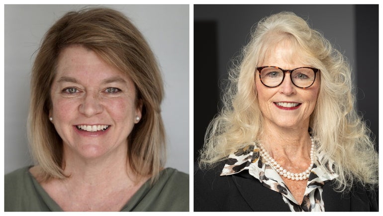 Two headshots of women side-by-side. The woman on the left has dark blonde shoulder length hair and wears pearl earrings and a green top. The woman on the right has long white-blonde hair and wears a pearl necklace, black blazer, and white, brown, and black printed top.