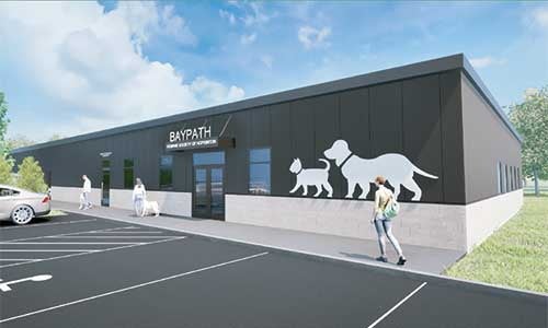 A rendering of an animal shelter; a one story building with grey paint and a cat and dog painted in white