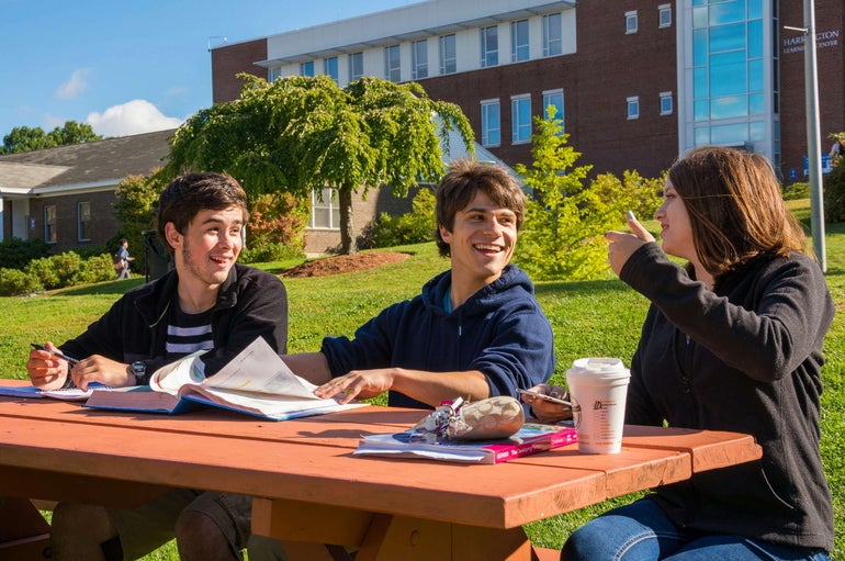 Three college students sit at a picnic table with books on it in front of a grassy field in front of a brick college building