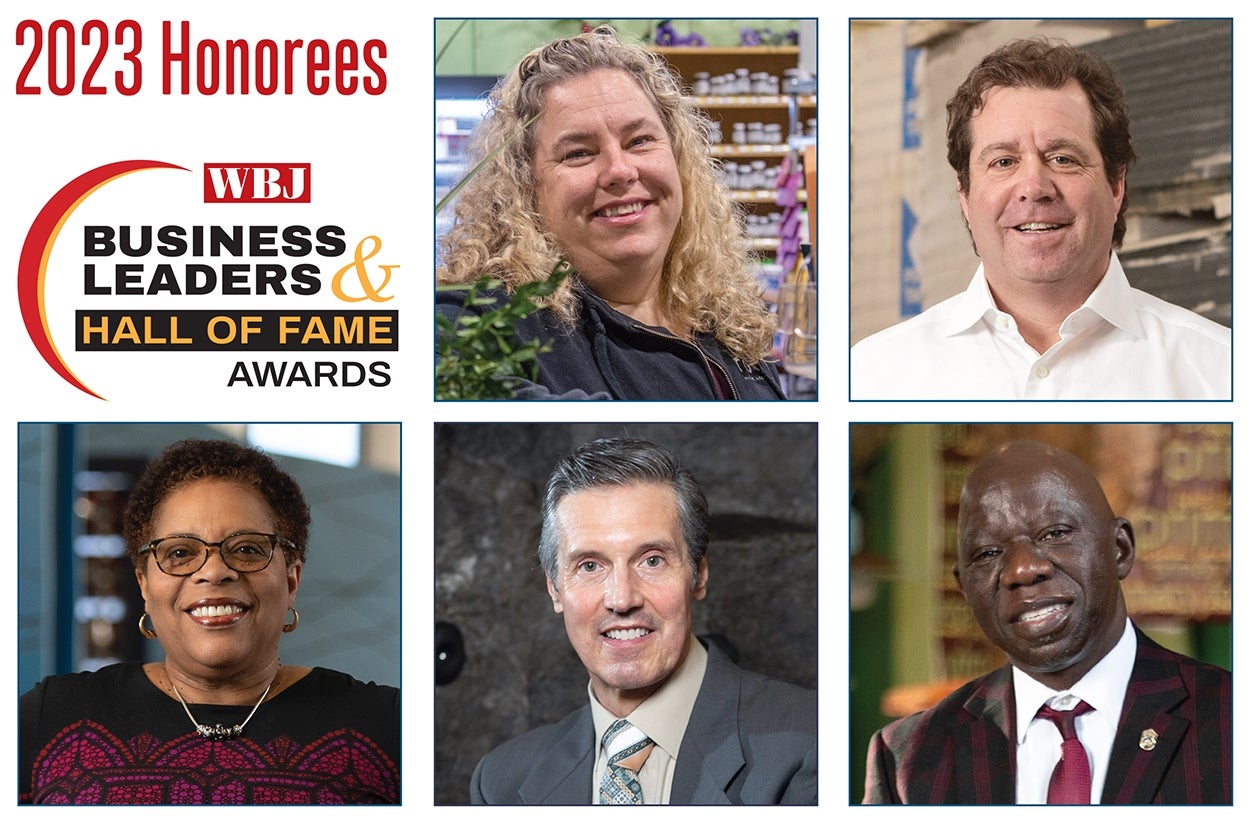 Photo collage of Family Business Leader of the Year: Marieke Cormier; Large Business Leader of the Year: David Klein; Nonprofit Business Leader of the Year: Kaska Yawo; Innovative Business Leader of the Year: Victor Champagne; Small Business Leader of the Year: Jennifer Hylton