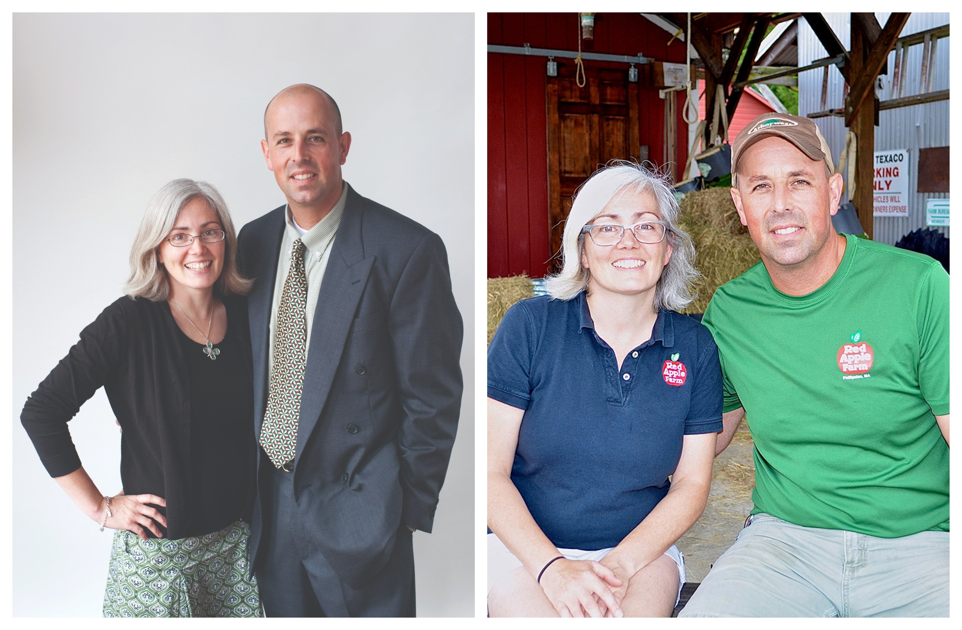 A side-by-side collage of photos of the same man and woman, taken 14 years apart. 