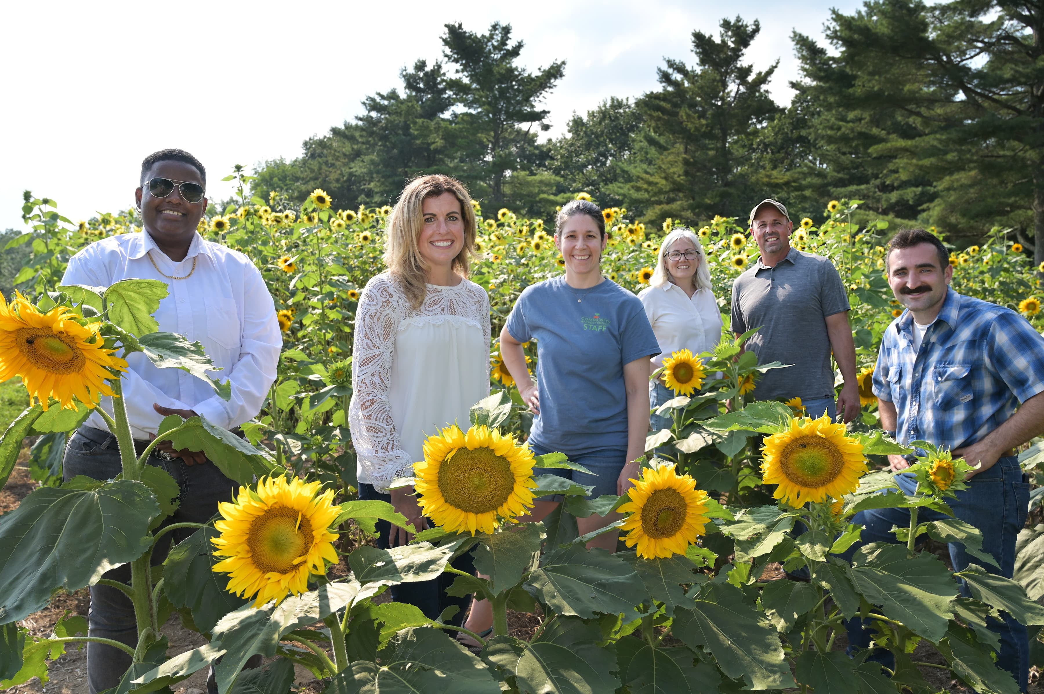 Four women and two men stand in a field of sunflowers.