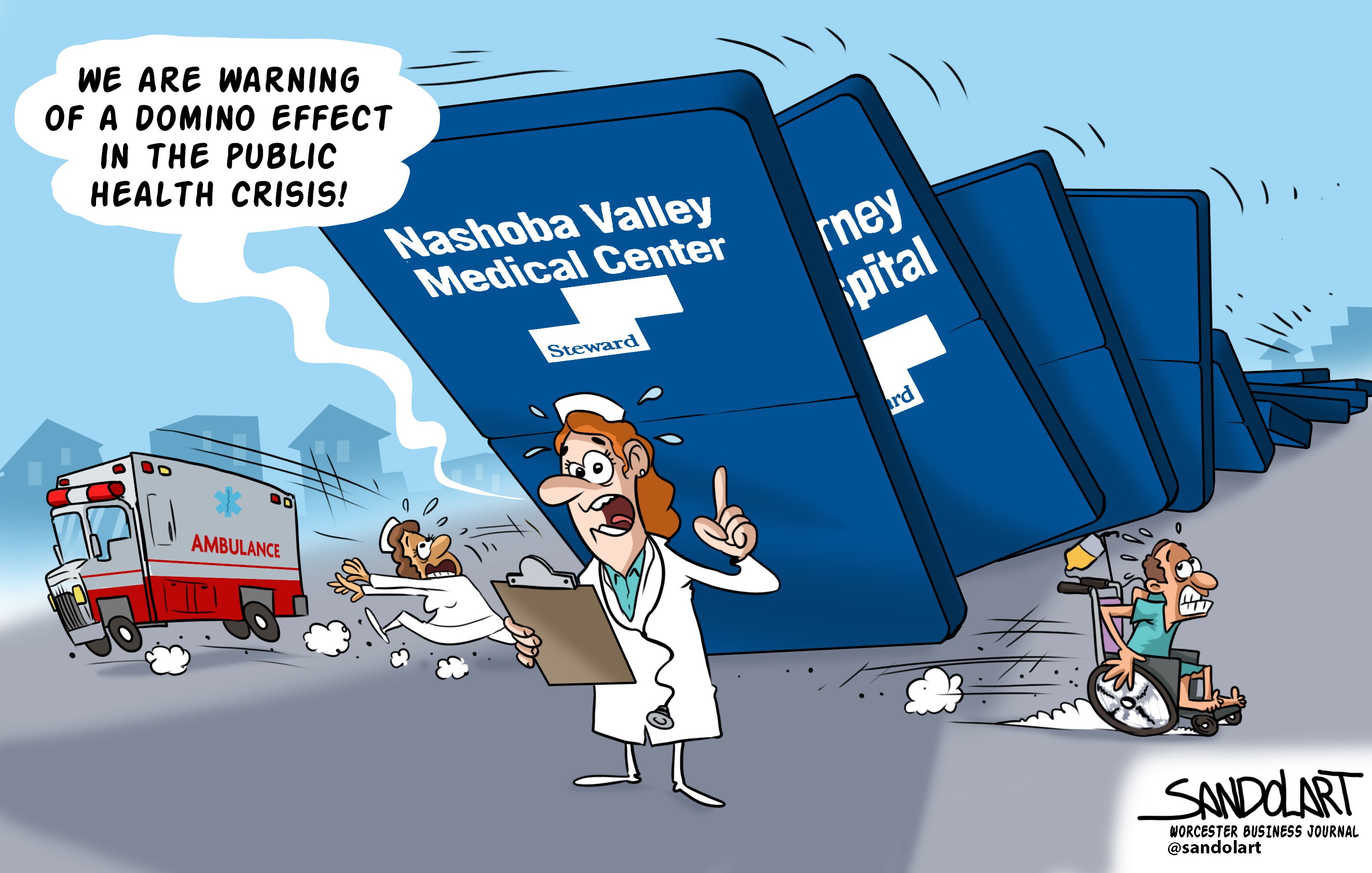 A cartoon of large blue dominos with "Nashoba Valley Medical Center" printed on them falling over towards a female doctor with red hair wearing a white lab coat and hat while a man in a wheelchair with an IV bag wheels out of the way and a doctor runs away on the other side towards an ambulance rushing away. 