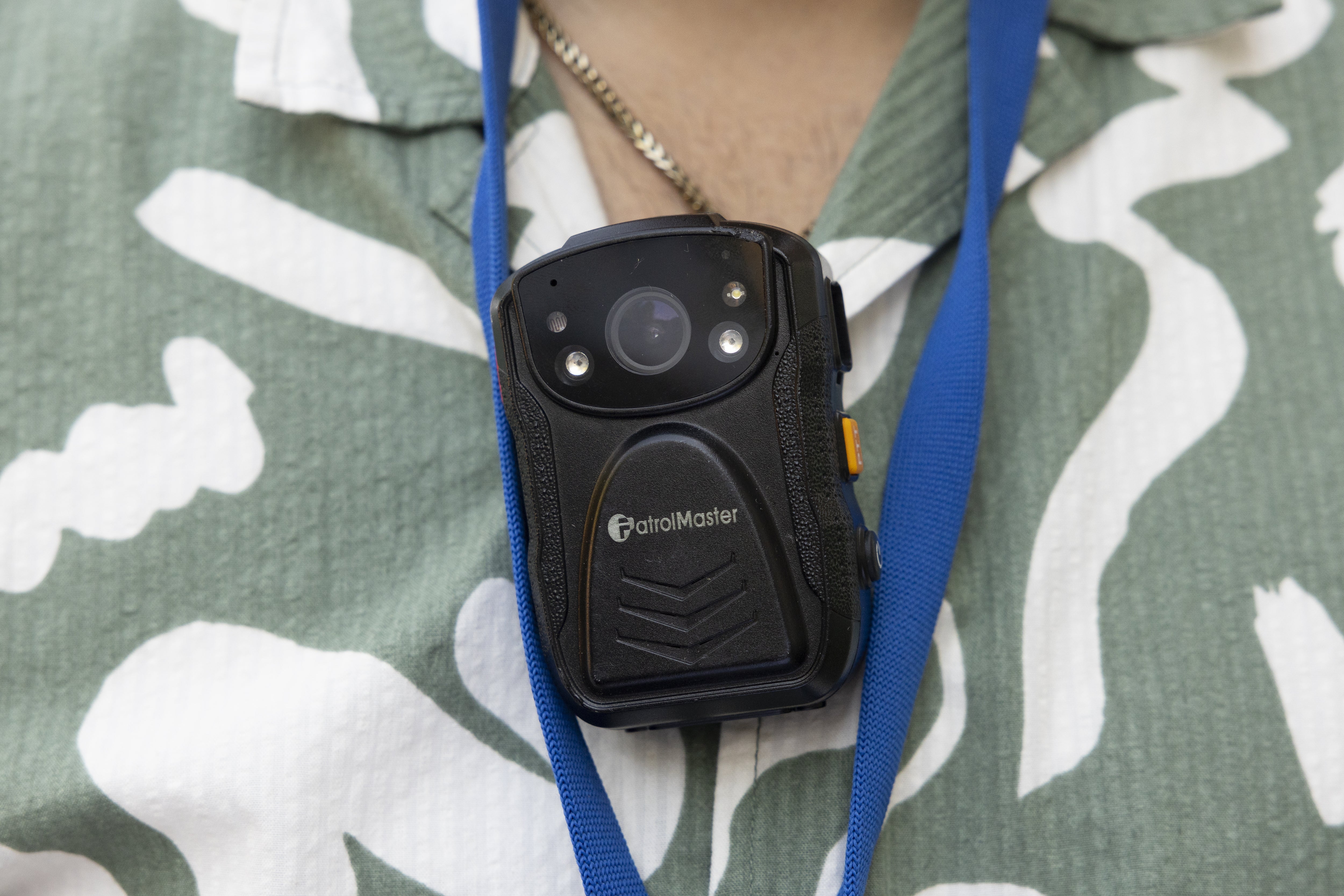 A body cameras pinned to a shirt