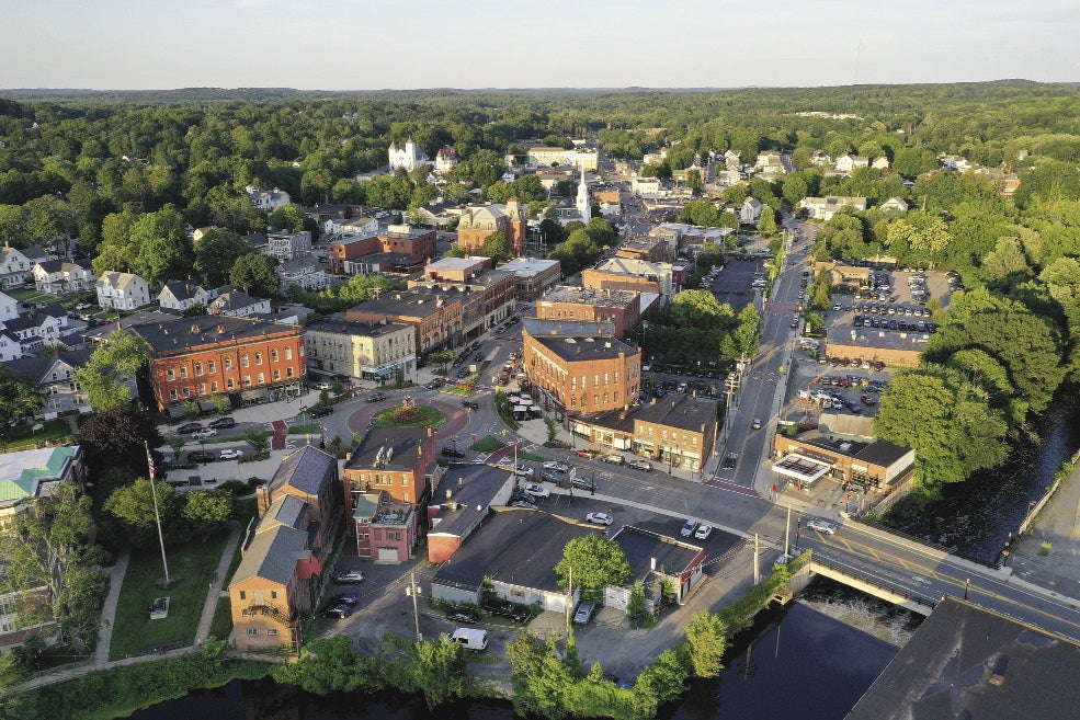 Aerial view of suburban downtown