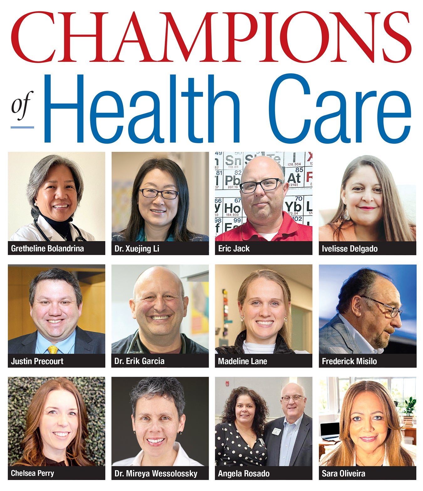 A photo collage of the 12 WBJ Champions of Health Care award winners