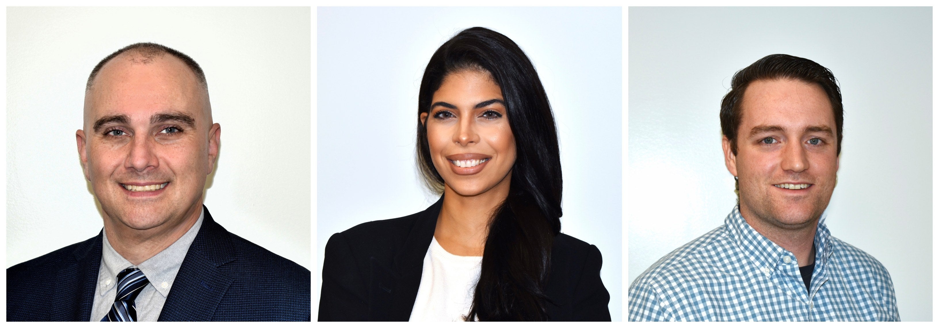 Three headshots side-by-side. The man on the left wears a dark blue suit jacket, a grey button down, and a striped tie. The woman in the middle has long black hair and wears a black suit jacket and white top. The man on the right has short brown hair and wears a blue and white plaid shirt.