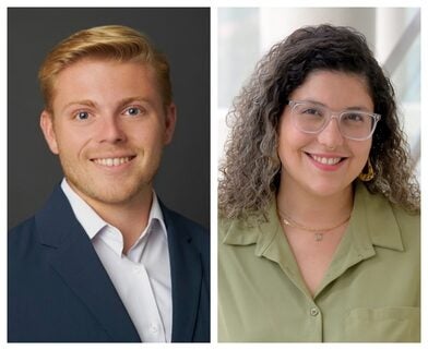 Two headshots side by side. The man on the left has blonde hair and wears a dark blue suit jacket and white button down. The woman on the right has long curly hair and wears clear-rimmed glasses with a green top.