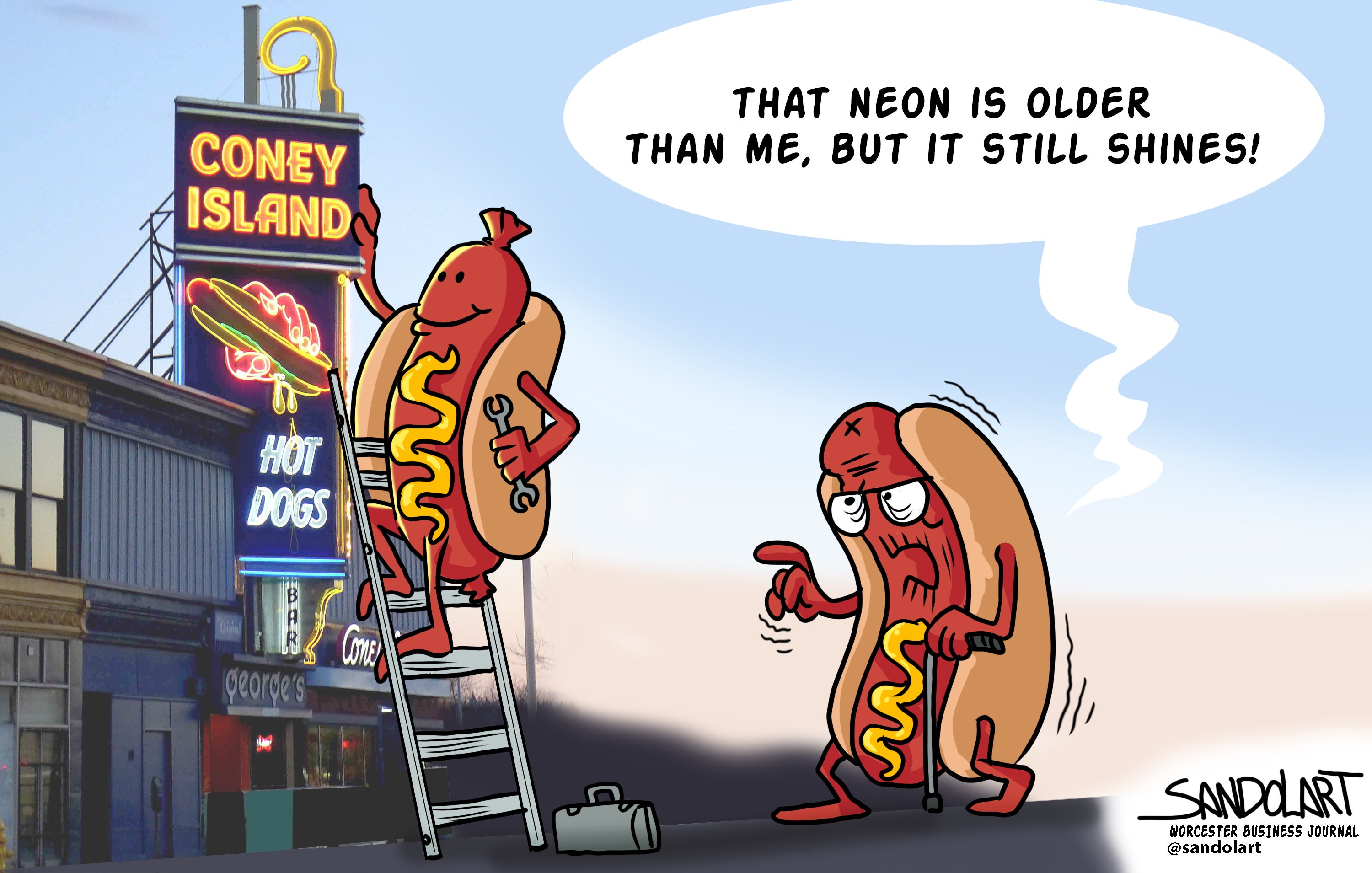 A cartoon of one hotdog climbing a latter on a building with a sign above it reading "CONEY ISLAND" with a hand holding a hot dog. The other hot dog looks very old and is holding a cane.