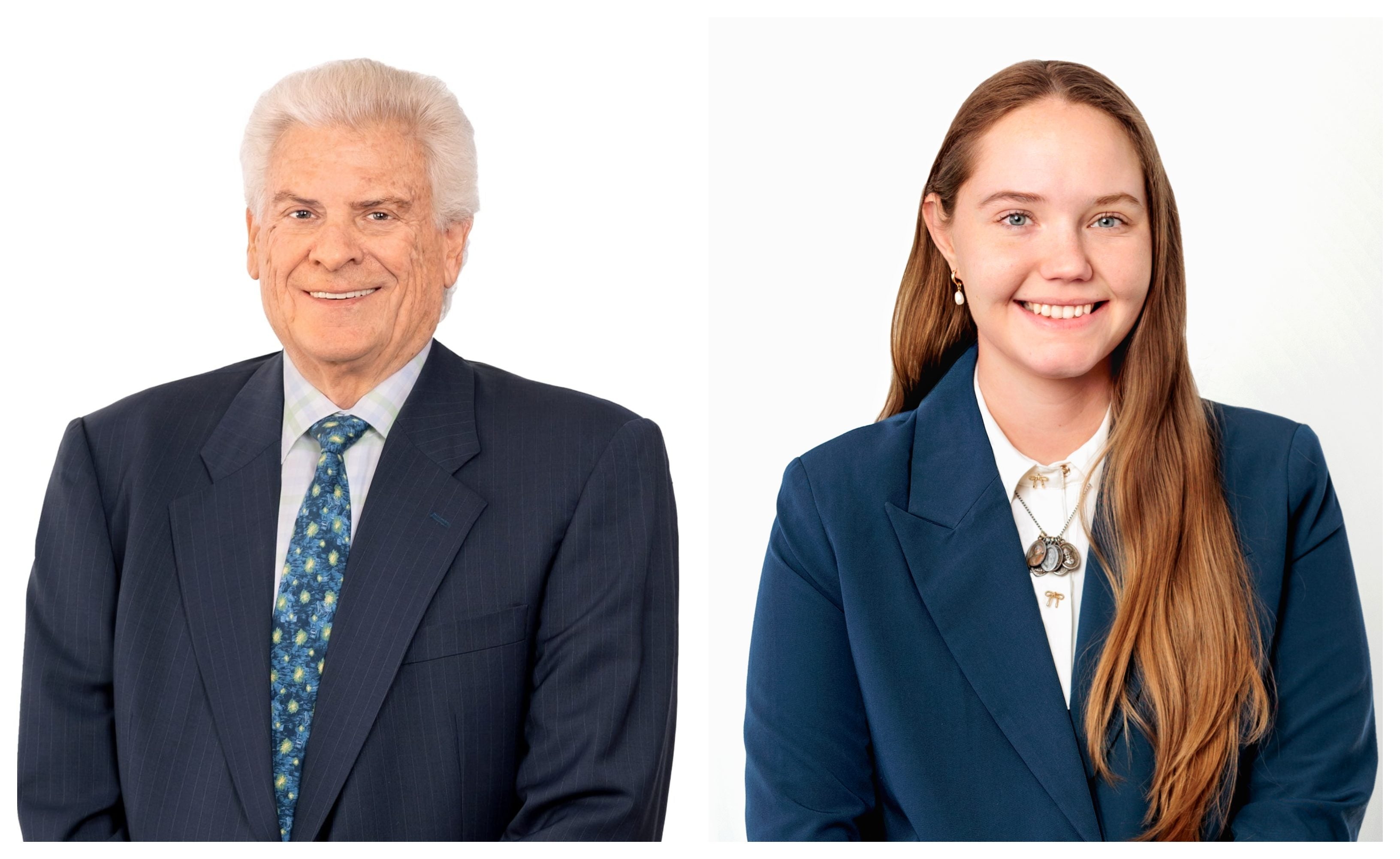 Side by side photos of a man and a woman: the man on the left has white hair and wears a dark blue pinstriped suit jacket, a white plaid button down, and a blue and yellow tie. The woman on the right has long red hair and wears a dark blue suit jacket and  white button down with gold bows on it.