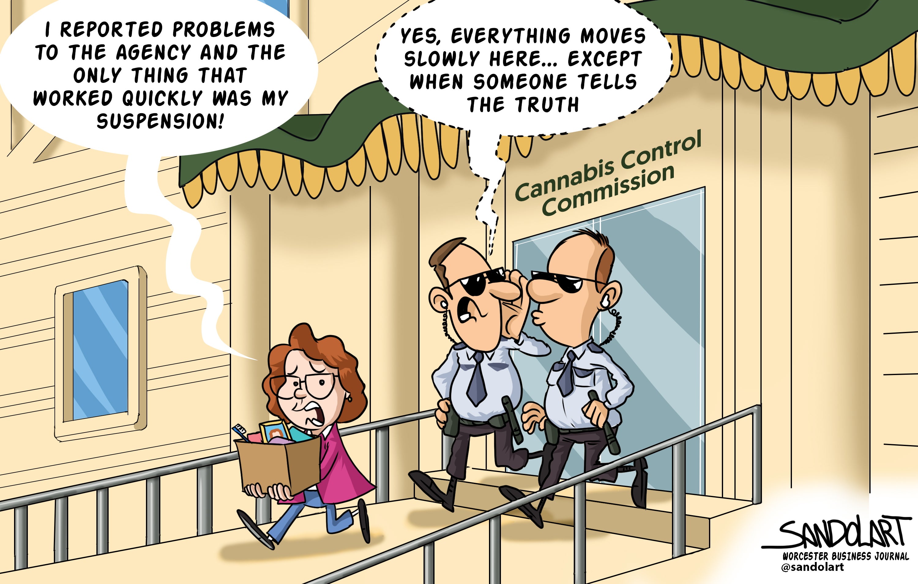 A cartoon of a woman carrying a box of office supplies leaving a building with a sign reading "Cannabis Control Commission" above the entrance. Two police officers follow behind her talking to each other. 