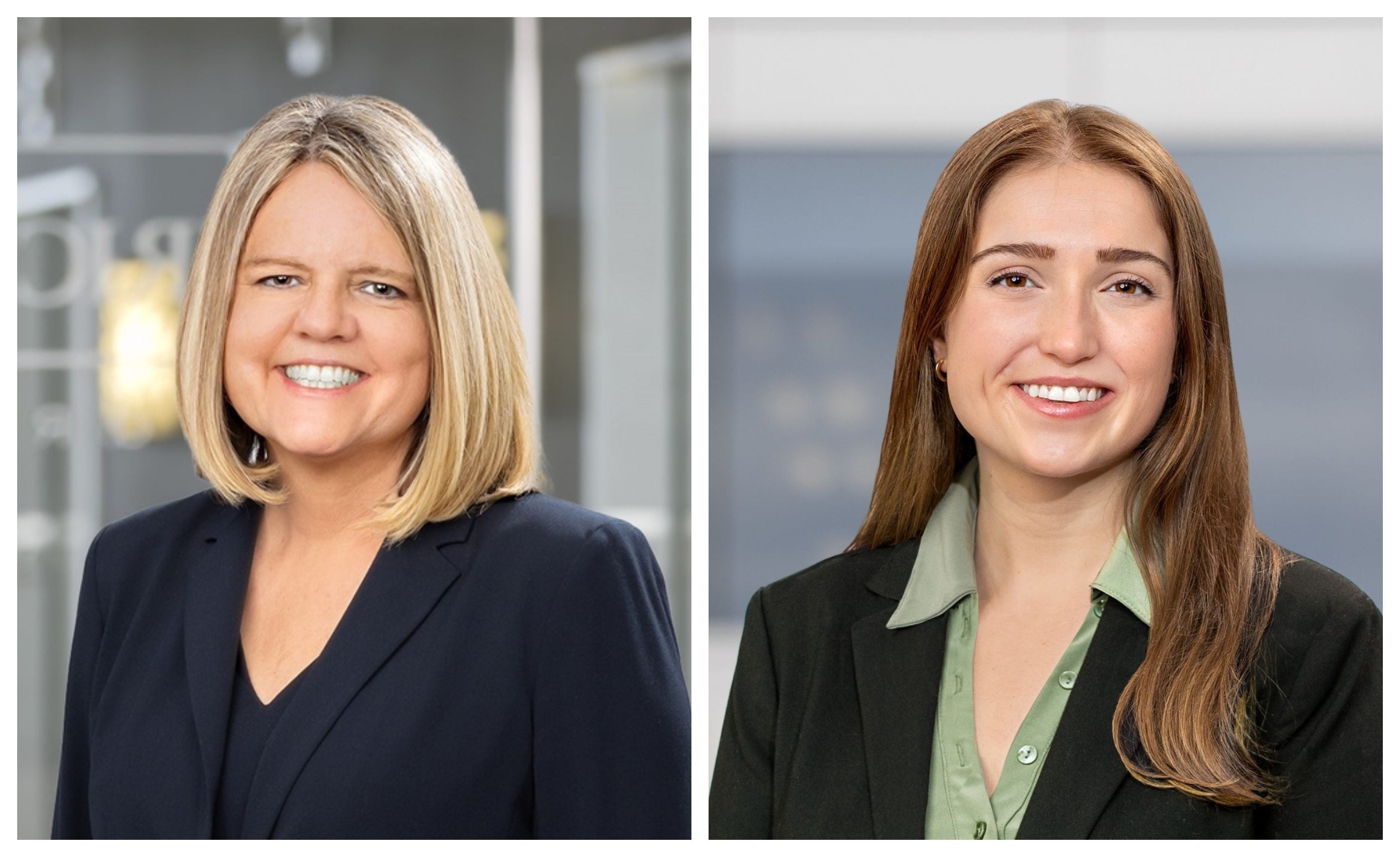 Side by side headshots of two women. The woman on the left has shoulder-length blonde hair and wears a dark blue suit jacket. The woman on the right has long auburn hair and wears a black suit jacket and green button down.