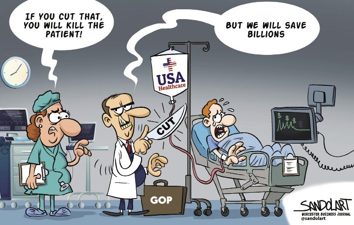 A cartoon of a panicked man on a hospital bed with his IV being cut by a man with a knife. The IV bag reads "USA Healthcare" and the man's briefcase reads "GOP". A doctor stands next to the man looking worried telling him that he will kill the patient, but the man says it will save him billions.