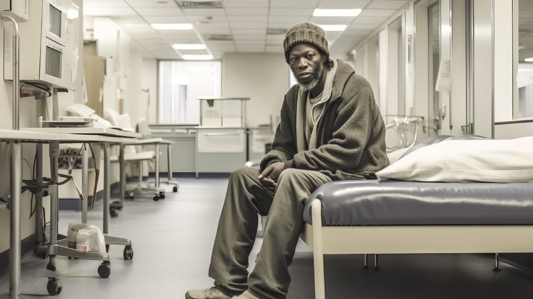 A man wears a hat, a sweatshirt, and sweatpants sits on a hospital bed in a hospital room.